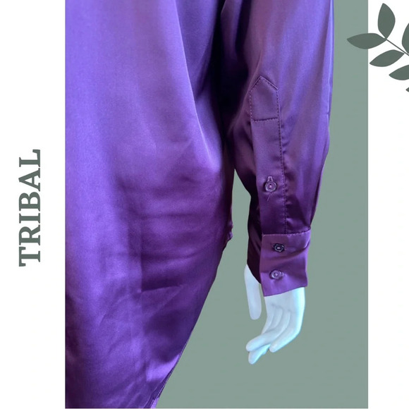 Tribal Black Orchid Long Sleeve Button Down  Satin Shirt Purple Collared - Picture 8 of 9
